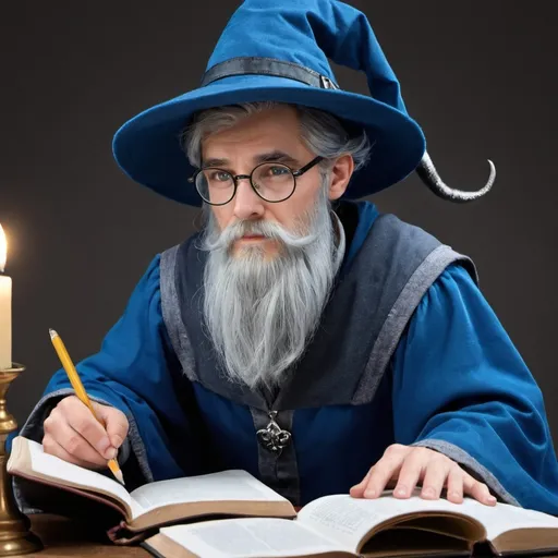 Prompt: wizard, blue clothes, studying, round glasses, grey hair, beard, blue hat
