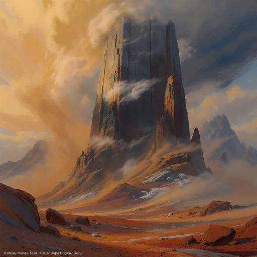 Prompt: Visualize a colossal limestone tower, its weathered surface rugged and ancient, rising majestically from an endless expanse of rocky desert, where the ground is a patchwork of cracked earth and scattered boulders. The air shimmers with heat, casting a mirage-like quality over the landscape. In the background, jagged mountains loom, their peaks brushing against the cobalt sky, textured with shades of deep brown and gray. Dust storms swirl in the distance, hinting at the raw elemental power of this plane. The scene is bathed in warm, golden sunlight, creating dramatic shadows that dance across the desert floor, adding depth to the towering structure. Capture this in a vibrant Dungeons & Dragons-inspired painting style, filled with intricate details and rich colors to evoke a sense of adventure and mystique.