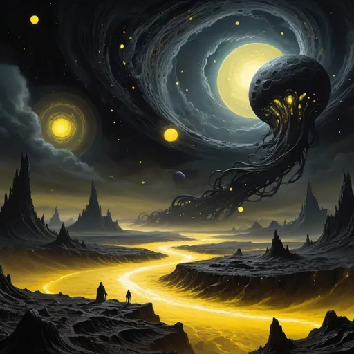 Prompt: (yellow dots), sprawling clouds, deep space, (eldritch horror) ambiance, (massive) dark formations, unsettling atmosphere, eerie shadows, tumultuous composition, (cosmic dread) in a vast expanse, intricate details, swirling vortexes, (highly detailed) backdrop, (contrasting black) void surrounding chaotic elements, an otherworldly scene illuminated by ghostly glows, (ultra-detailed) visual, (HD).