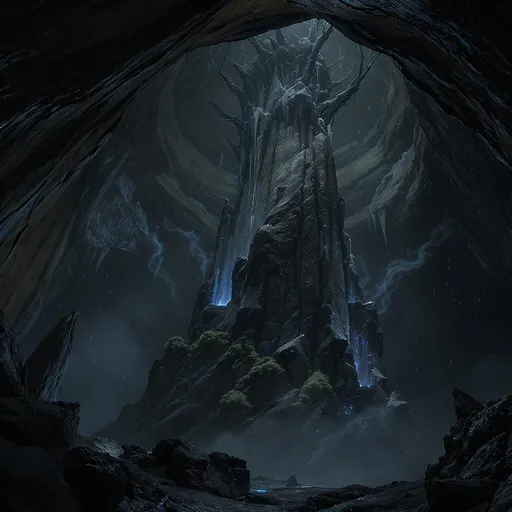 Prompt: Imagine a colossal limestone tower, its rugged surfaces glistening with mineral veins, rising majestically within the vast expanses of a cavern in the elemental plane of earth. The dim light filters through cracks in the cavern ceiling, reflecting off the tower’s jagged edges, casting eerie shadows that dance upon the rocky floor. Stalactites hang like ancient chandeliers, dripping occasional droplets that echo softly in the stillness of the cavern. Around the base of the tower, earthy textures interweave with patches of luminescent moss, glowing faintly in green and blue hues. A faint, swirling mist hugs the ground, evoking a sense of mystique and magic within this subterranean realm. Render this scene in a dark fantasy concept art style, emphasizing the grandeur and magical essence of the tower towering in the depths of the earth.