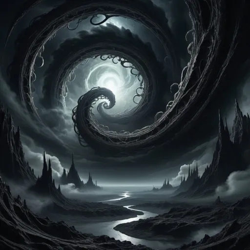 Prompt: sprawling clouds, deep space, unsettling atmosphere, eerie shadows, (cosmic dread), swirling vortexes, (highly detailed) backdrop, (contrasting black) void, chaotic elements, tendrils, (haunting) lighting, vivid textures, an overwhelming sense of foreboding, (dark palette), (ultra-detailed), (HD), mysterious energies weaving through the scene, eldritch god