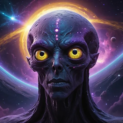 Prompt: (Eldritch god), massive black entity, (gaseous), ethereal forms, nebula shrouded in colors of deep purples and blues, glowing yellow eye with a tiny pupil, ominous presence, floating in the vastness of space, distant planets visible in the background, sparkling stars, cosmic atmosphere, mystical and chilling vibe, (ultra-detailed), (4K) masterpiece.