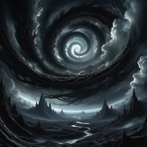 Prompt: sprawling clouds, deep space, unsettling atmosphere, eerie shadows, (cosmic dread), swirling vortexes, (highly detailed) backdrop, (contrasting black) void, chaotic elements, tendrils, (haunting) lighting, vivid textures, an overwhelming sense of foreboding, (dark palette), (ultra-detailed), (HD), mysterious energies weaving through the scene, eldritch god