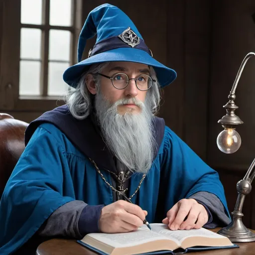 Prompt: wizard, blue clothes, studying, silver round glasses, grey hair, beard, blue hat
