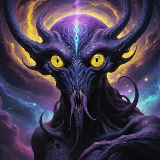 Prompt: (Eldritch god), massive and black, floating amidst a swirling (nebula) of deep blues and purples, with a striking (yellow eye) featuring a small pupil, surrounded by an amorphous, gaseous form. The creature emanates an aura of cosmic mystery and dread in the (void of space), captivating and unsettling, full of (high detail) and (4K quality), perfect for a DnD theme.