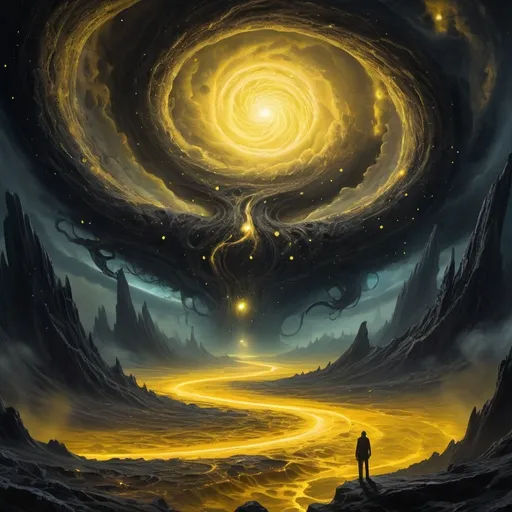 Prompt: (yellow dots), sprawling clouds, deep space, (eldritch horror) ambiance, (massive) dark formations, unsettling atmosphere, eerie shadows, tumultuous composition, (cosmic dread) in a vast expanse, intricate details, swirling vortexes, (highly detailed) backdrop, (contrasting black) void surrounding chaotic elements, an otherworldly scene illuminated by ghostly glows, (ultra-detailed) visual, (HD), god