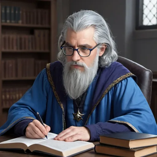 Prompt: wizard, blue clothes, studying, glasses, grey hair, beard 
