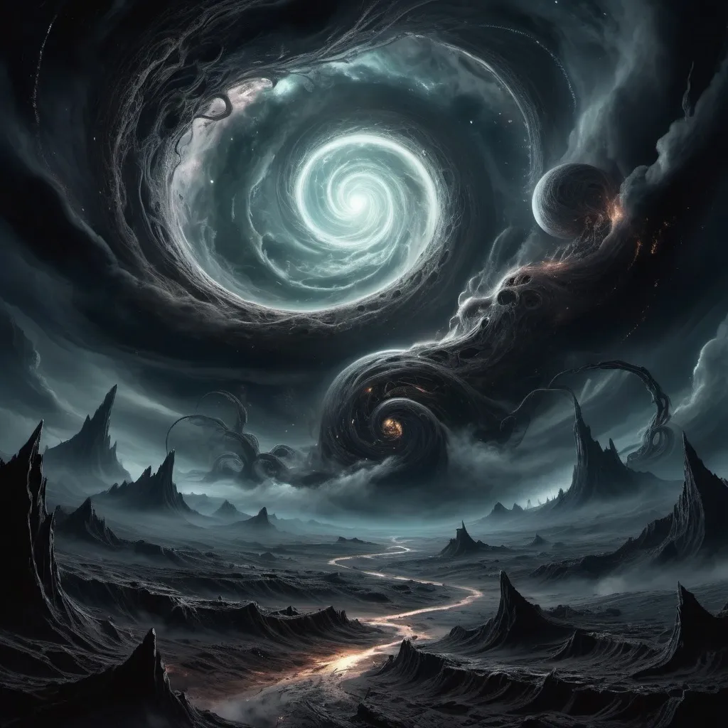 Prompt: sprawling clouds, deep space, (eldritch horror) ambiance, unsettling atmosphere, eerie shadows, (cosmic dread) in a vast expanse, intricate details, swirling vortexes, (highly detailed) backdrop, (contrasting black) void surrounding chaotic elements, an otherworldly scene illuminated by ghostly glows, (ultra-detailed) visual, (HD), god