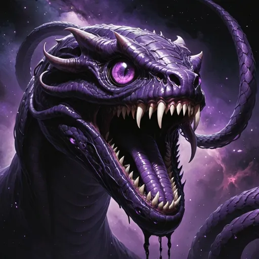 Prompt: Eldritch god, black, massive, serpent, purple eyes, four jaws, floating in space, void, creature, dnd, many eyes, wide mouth