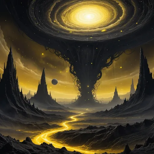 Prompt: (yellow dots), sprawling clouds, deep space, (eldritch horror) ambiance, (massive) dark formations, unsettling atmosphere, eerie shadows, tumultuous composition, (cosmic dread) in a vast expanse, intricate details, swirling vortexes, (highly detailed) backdrop, (contrasting black) void surrounding chaotic elements, an otherworldly scene illuminated by ghostly glows, (ultra-detailed) visual, (HD), god