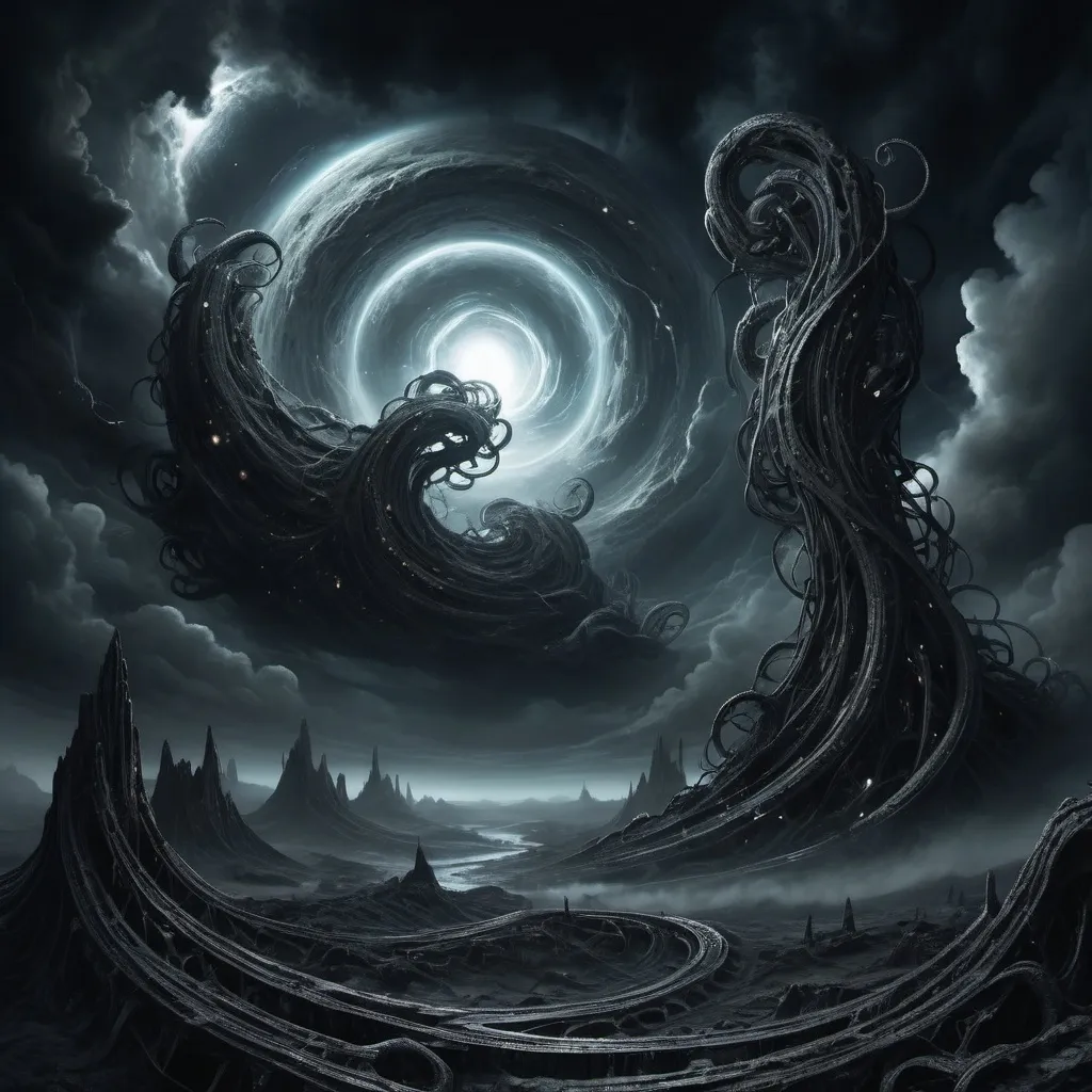 Prompt: sprawling clouds, deep space, (eldritch horror) ambiance, unsettling atmosphere, eerie shadows, (cosmic dread), vast expanse, intricate details, swirling vortexes, (highly detailed) backdrop, (contrasting black) void, chaotic elements, tendrils, (haunting) lighting, vivid textures, an overwhelming sense of foreboding, (dark palette), (ultra-detailed), (HD), mysterious energies weaving through the scene.