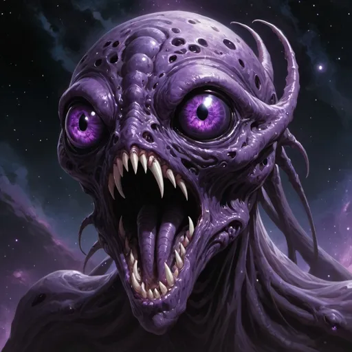 Prompt: Eldritch god, black, massive, long, purple eyes, split jaw, floating in space, void, creature, dnd, many eyes