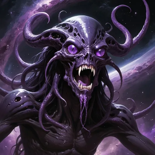 Prompt: Eldritch god, black, massive, long, purple eyes along body, split jaw, floating in space, void, creature, dnd