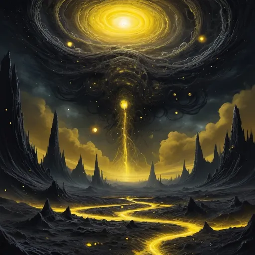 Prompt: (yellow dots), sprawling clouds, deep space, (eldritch horror) ambiance, (massive) dark formations, unsettling atmosphere, eerie shadows, tumultuous composition, (cosmic dread) in a vast expanse, intricate details, swirling vortexes, (highly detailed) backdrop, (contrasting black) void surrounding chaotic elements, an otherworldly scene illuminated by ghostly glows, (ultra-detailed) visual, (HD).