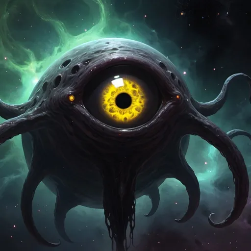 Prompt: Eldritch god, black, massive, nebula, yellow eye, small pupil, gaseous, floating in space, amorphous, void, creature, dnd