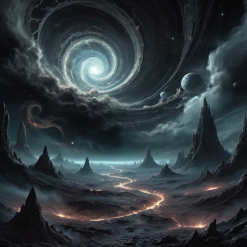 Prompt: sprawling clouds, deep space, (eldritch horror) ambiance, unsettling atmosphere, eerie shadows, (cosmic dread) in a vast expanse, intricate details, swirling vortexes, (highly detailed) backdrop, (contrasting black) void surrounding chaotic elements, an otherworldly scene illuminated by ghostly glows, (ultra-detailed) visual, (HD), god