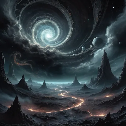 Prompt: sprawling clouds, deep space, (eldritch horror) ambiance, unsettling atmosphere, eerie shadows, (cosmic dread) in a vast expanse, intricate details, swirling vortexes, (highly detailed) backdrop, (contrasting black) void surrounding chaotic elements, an otherworldly scene illuminated by ghostly glows, (ultra-detailed) visual, (HD), god