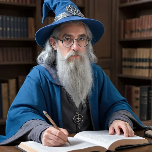 Prompt: wizard, blue clothes, studying, silver round glasses, grey hair, beard, blue hat
