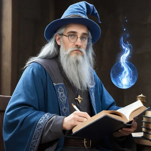 Prompt: wizard, blue clothes, studying, silver round glasses, grey hair, beard, blue hat
