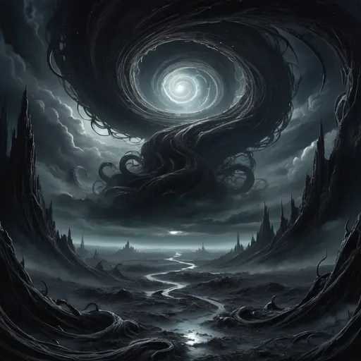 Prompt: sprawling clouds, deep space, (eldritch horror) ambiance, unsettling atmosphere, eerie shadows, (cosmic dread), vast expanse, intricate details, swirling vortexes, (highly detailed) backdrop, (contrasting black) void, chaotic elements, tendrils, (haunting) lighting, vivid textures, an overwhelming sense of foreboding, (dark palette), (ultra-detailed), (HD), mysterious energies weaving through the scene.