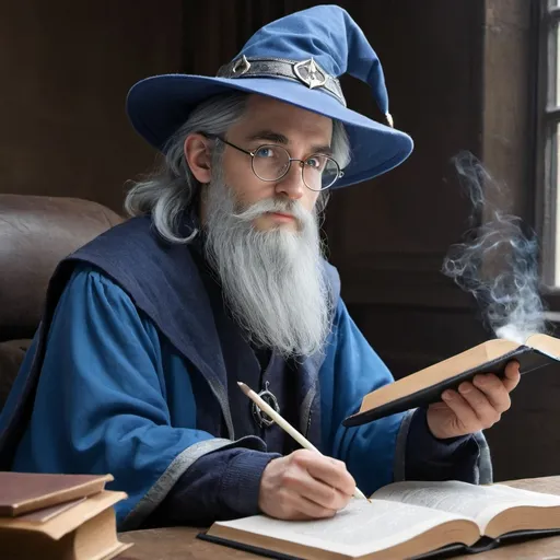 Prompt: wizard, blue clothes, studying, silver round glasses, grey hair, beard, blue hat
