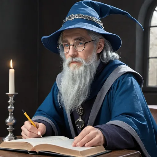 Prompt: wizard, blue clothes, studying, silver round glasses, grey hair, beard, blue hat
