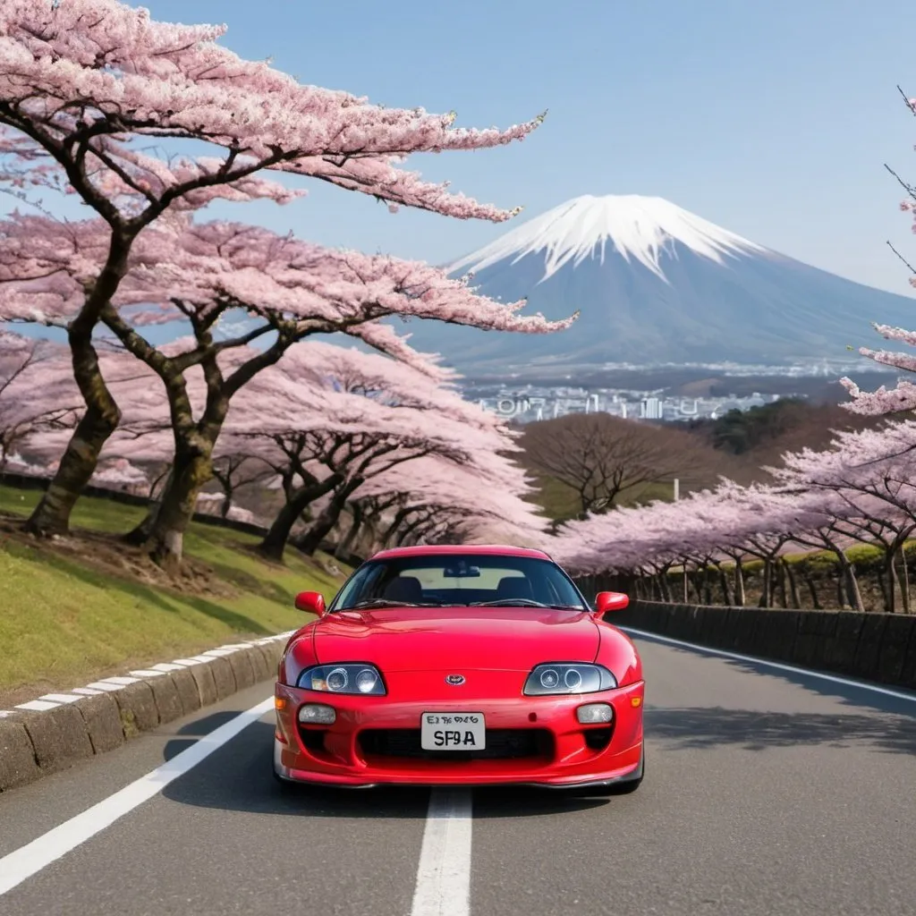 Prompt: toyota supra mk4 in fuji mountain with big Sakura tree