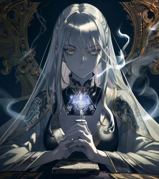 Prompt: tarot card Anime illustration, a silver-haired woman, detailed ornate cloth robe, dramatic lighting, lighting cigarette and she is looking at the viewer