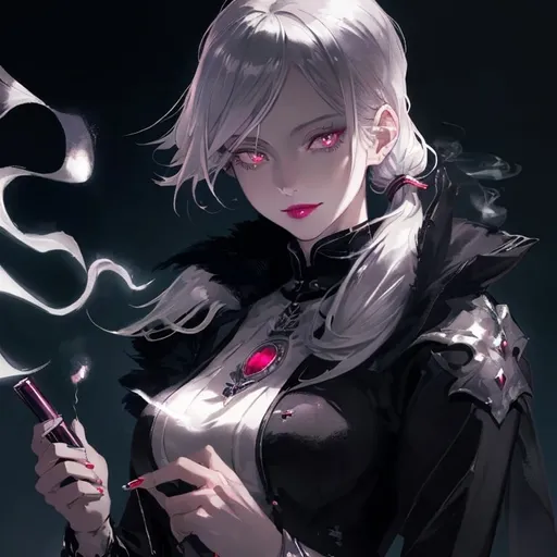 Prompt: tarot card Anime illustration, a silver-haired woman, high quality,detailed modren black coat, dramatic lighting, is lighting a cigarette, she is looking at the viewer,she has ruby coloured lips, she has wine coloured eyes, she has a natural white skin, she is smiling evilly, she is extremely beautiful and she has one pony tail and she has some bangs and she has a hour glass like body