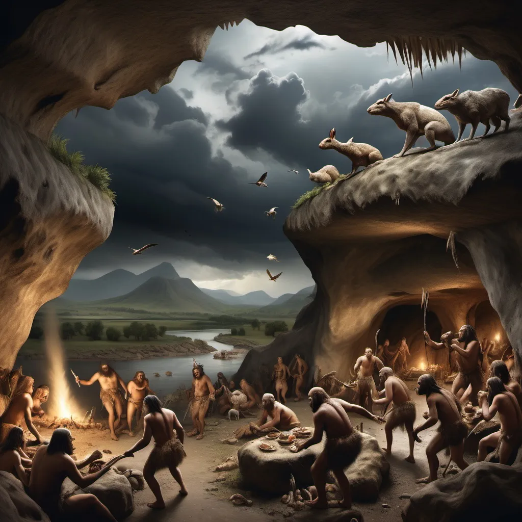 Prompt: (primal scene) early humans living in a cave, (some igniting fire), (others hunting with stone tools), dramatic weather with dark storm clouds looming, dynamic group living, wildlife including birds and rabbits in the background, distant mountains, scattered bones from previous meals within the cave, alongside a riverbank, dressed in motion-representing animal hides, (highly detailed), (cinematic atmosphere), earthy tones, rich textures, (4K resolution).