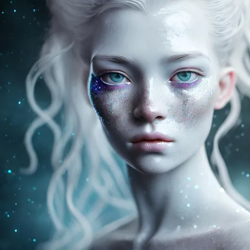 Prompt: Generate an image of a woman with ethereal features: porcelain-white skin, wavy white hair, black eyes, and freckles resembling glitter, creating a captivating and otherworldly appearance.