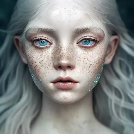 Prompt: Generate an image of a woman with ethereal features: porcelain-white skin, wavy long white hair, eyes with the sky as a reflection, and freckles resembling glitter, creating a captivating and otherworldly appearance.