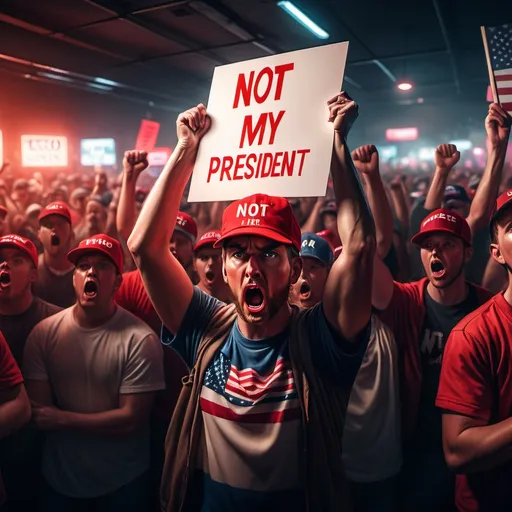 Prompt: MAGA supporter holding a sign saying "Not My President", intense expression of defiance, wearing a red baseball cap, standing amidst a passionate crowd, chanting voices echoing, nighttime setting, neon lights illuminating the scene, high contrast shadows creating a dramatic effect, 4K resolution, ultra-detailed realism capturing the tension and emotion present in the atmosphere.