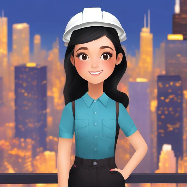 Prompt: A girl who is engineer and construction manager . She wear woman suite and background is building and the location is chicago. She look cute and asien and have long black strength hair 