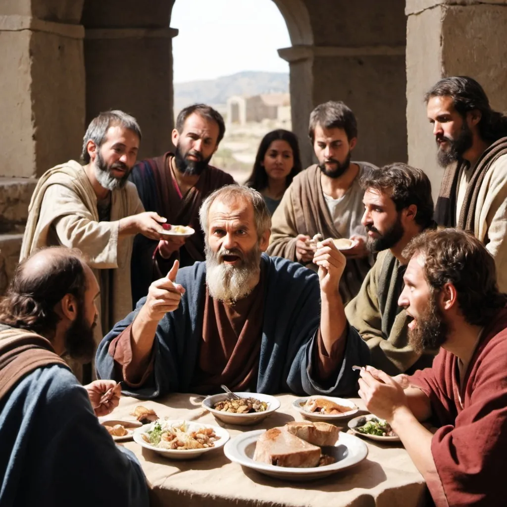 Prompt: Apostle Paul eating with New Testament Christians
