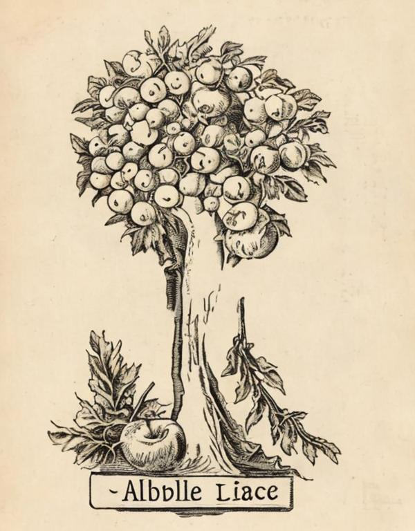 Prompt: ex libris, apple tree, vintage, stamp, fruit, foliage, pomme, lady liberty, johnny appleseed, isaac newton, colonial
