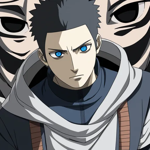 Prompt: Ciprian,a white guy with brunette hair and dressed up in grey activates his eyes which are a grey with dark blue tomae and shadow in his eyes,in the world of Naruto 