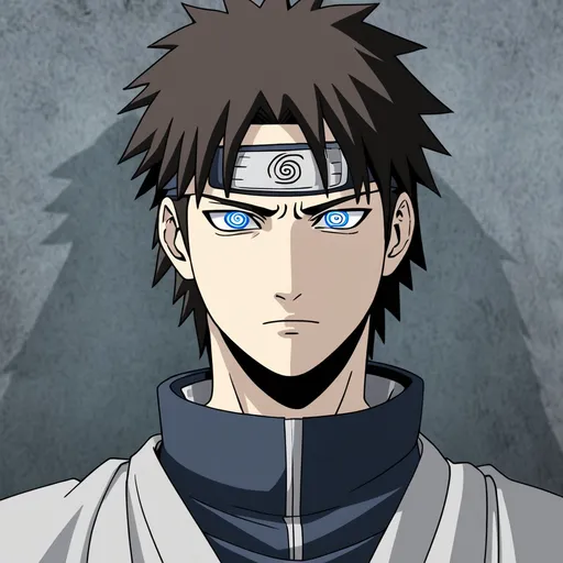 Prompt: Ciprian,a white guy with brunette hair and dressed up in grey activates his eyes which are a grey with dark blue tomae and shadow in his eyes,in the world of Naruto 