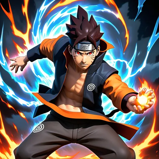 Prompt: Ciprian (character in action), male with (brunette hair and blue and dark eyes) , dressed in (grey attire), casting a powerful (lightning Jutsu infused with fire), vivid red flames with (orange accents), alongside (intense blue lightning), set in the dynamic world of Naruto, (detailed background featuring iconic Naruto elements), (dramatic atmosphere), (highly vibrant colors), (ultra-detailed, 4K quality).