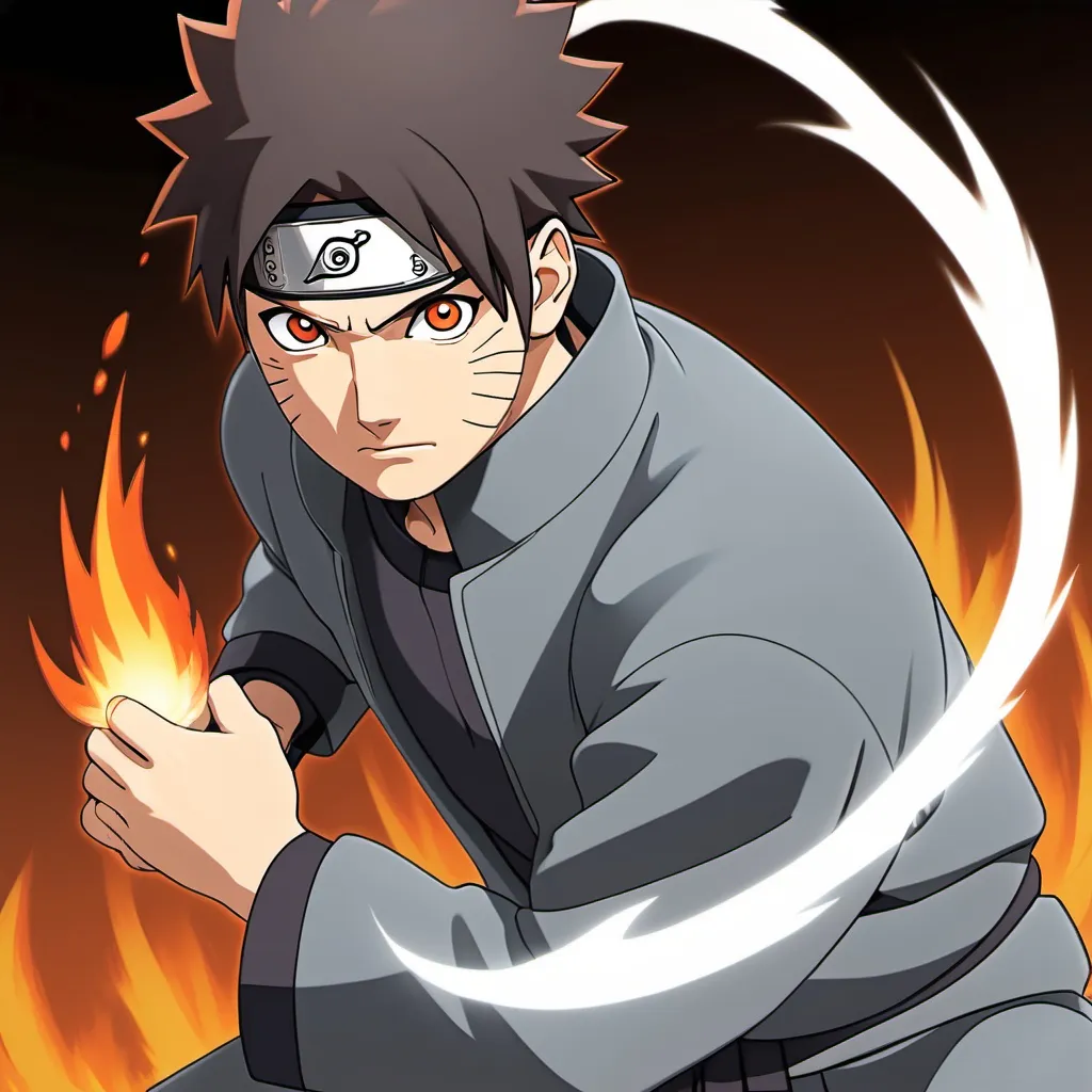 Prompt: 
Ciprian,a white guy with brunette hair and dressed up in grey uses a ligthining Jutsu infused with Fire,in the world of Naruto 