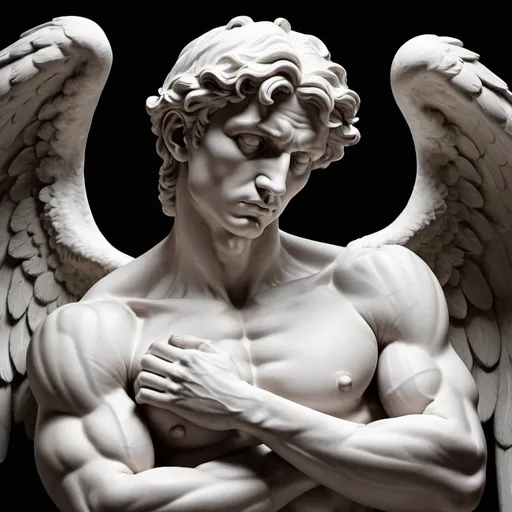 Prompt: A muscular and thoughtful angel, sculpted in the style of Michelangelo