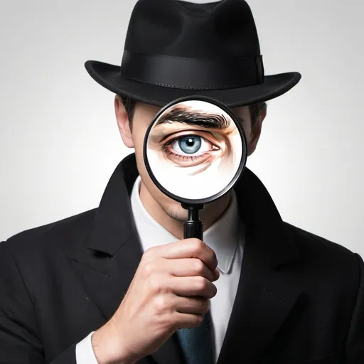 Prompt: Draw a mysterious man with magnifying glass covering his face.