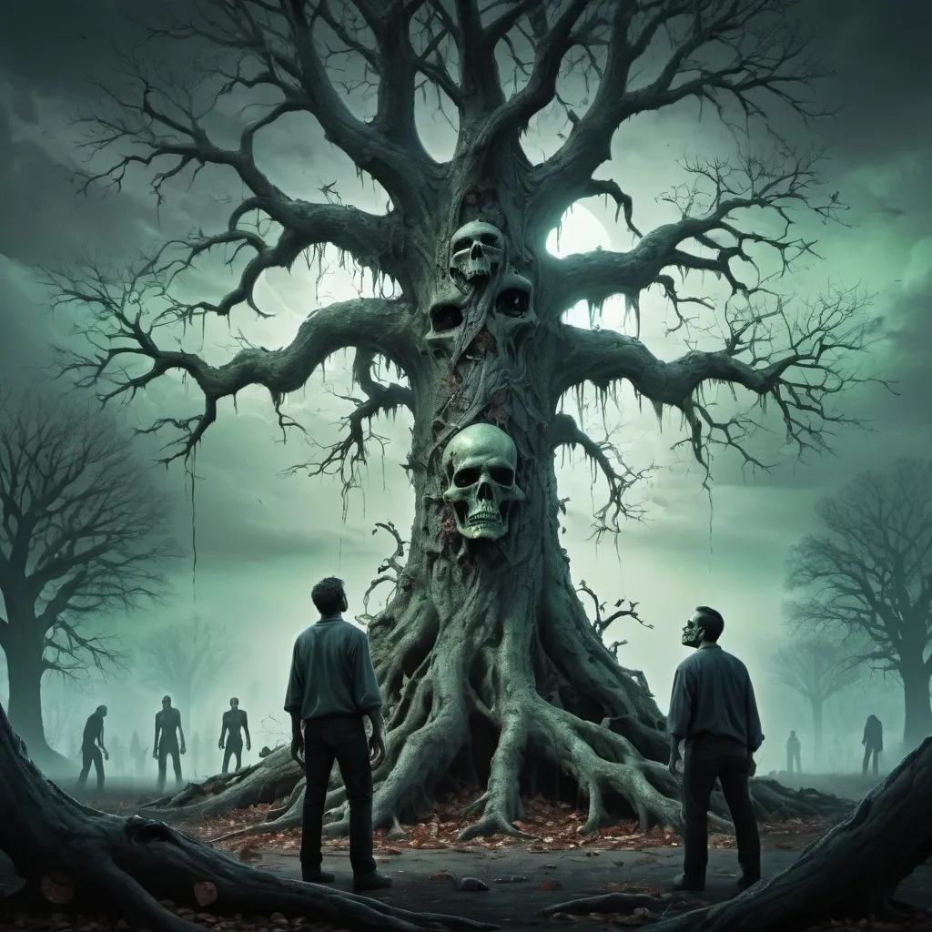 Prompt: Zombie tree skulls down on the ground and two man left standing looking upon the tree animated 
