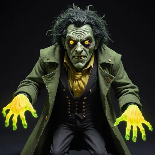 Prompt: A ghoulish hunchbacked, broad-shouldered man, with olive green skin, black stringy hair, a dark green raggedy coat, and pants, with glowing yellow eyes, and large hands