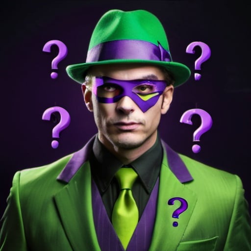 Prompt: A green colored business suit wearing man with a purple striped hair, where his hair is actually black, green fedora, with question marks all over his clothes, black gloves, and shoes, and a purple eye mask on his face