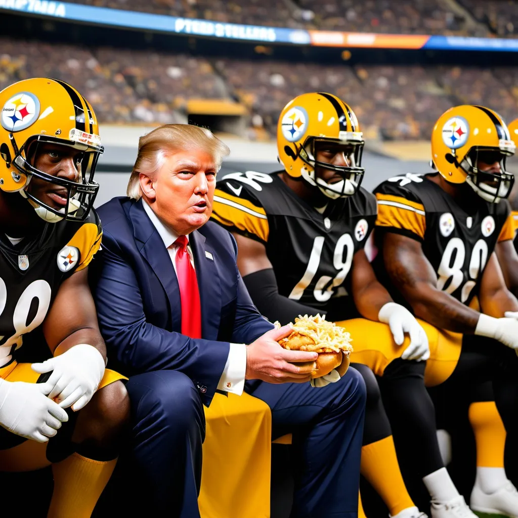 Prompt: Donald Trump sitting in the stadium watching a Pittsburgh Steelers football game while eating fried chicken and burgers with football players wearing pittsburgh steelers helmets.  steelers logo on clothing