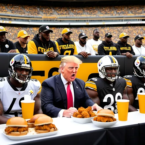 Prompt: Donald Trump sitting in the stadium watching a Pittsburgh Steelers football game while eating fried chicken and burgers with football players wearing pittsburgh steelers helmets.  steelers logo on clothing