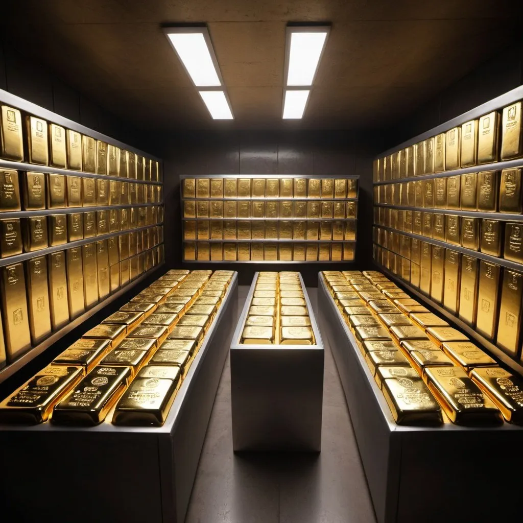 Prompt: a large vault full of gold bars, cash,  diomands, emralds, and rubys.
