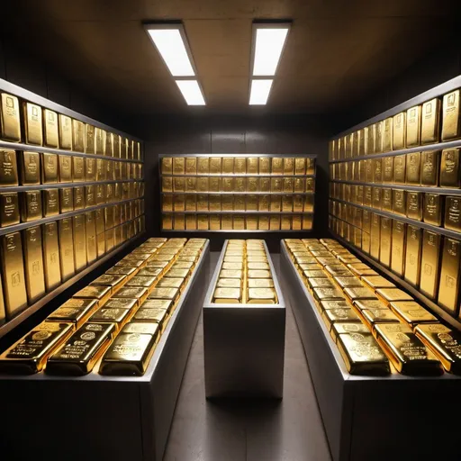 Prompt: a large vault full of gold bars, cash,  diomands, emralds, and rubys.
