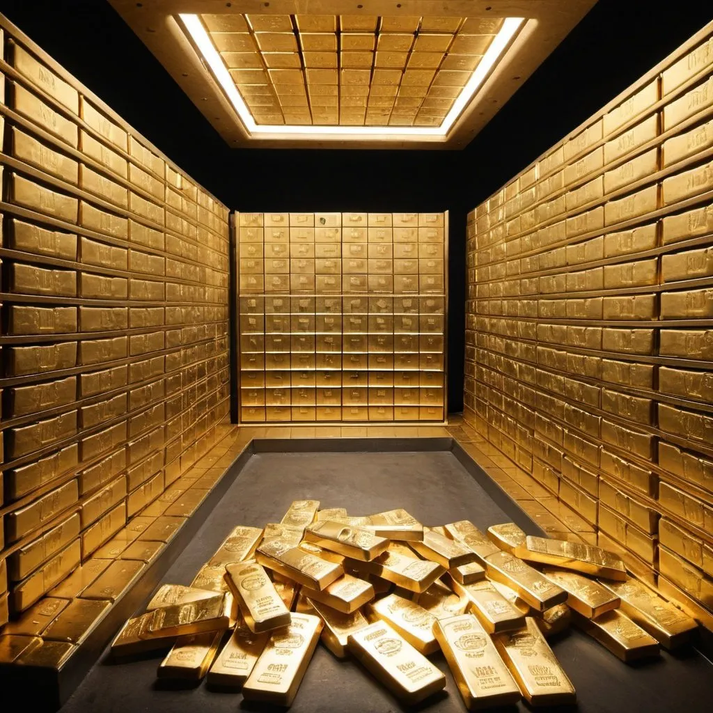 Prompt: A GIANT VAULT FILLED WITH GOLD BARS CASH AND DIOMANDS